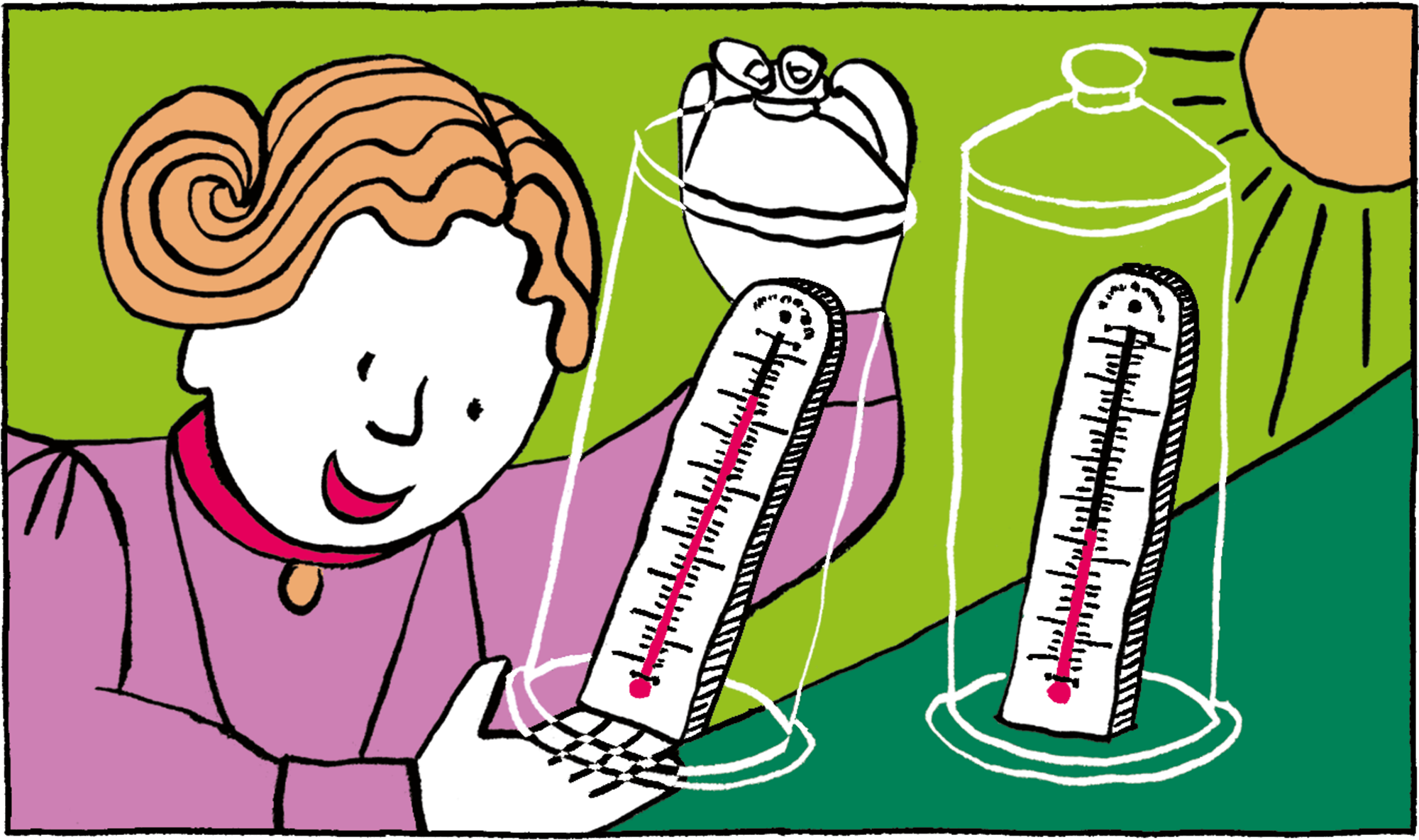 Illustration of Eunice Newton Foote comparing two glass cylinders with thermometers inside